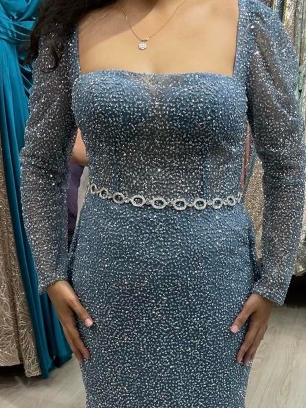 Sparkling Blue Long-Sleeve Sequin Sheath Dress